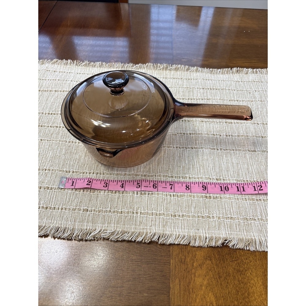 Vision 1 Liter Corning Ware Amber Glass Sauce Pan Pot Spout W/Pyrex Lid EUC